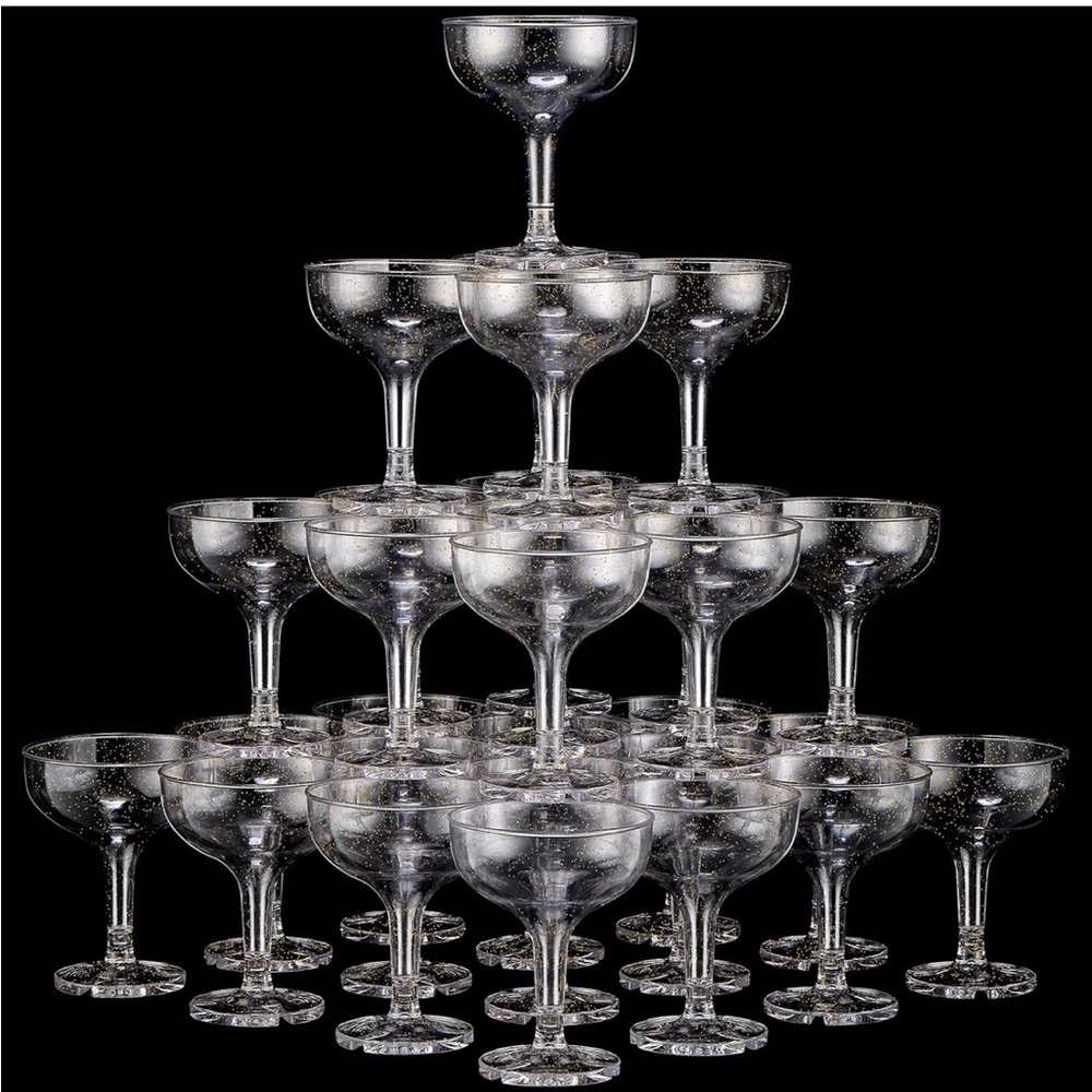 Champagne tower stackable 30 piece plastic clear and gold coupe glasses 5oz
